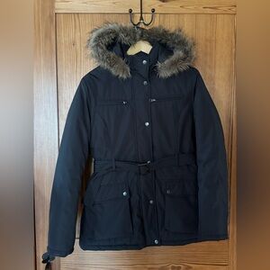 KC Collections Black Belted Winter Coat Faux Fur Hood Zip Snap Women Small